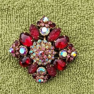 Vintage Red and Aurora Borealis Rhinestone Brooch